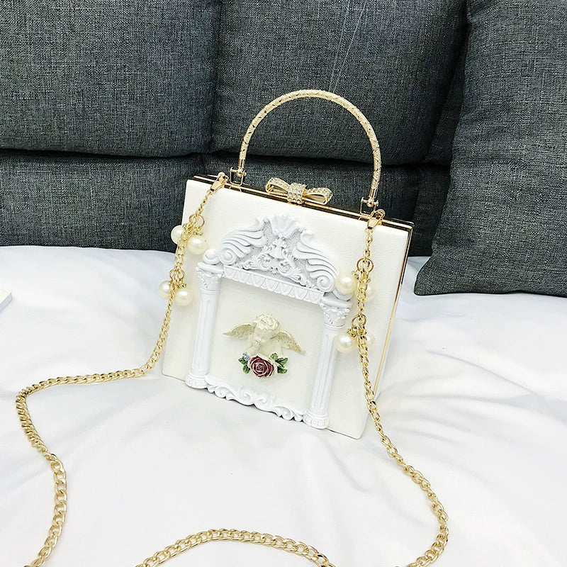 Prime Sister - Gothic Lolita Retro Bag Baroque Square Crossbody Bag White (Angel Pattern)