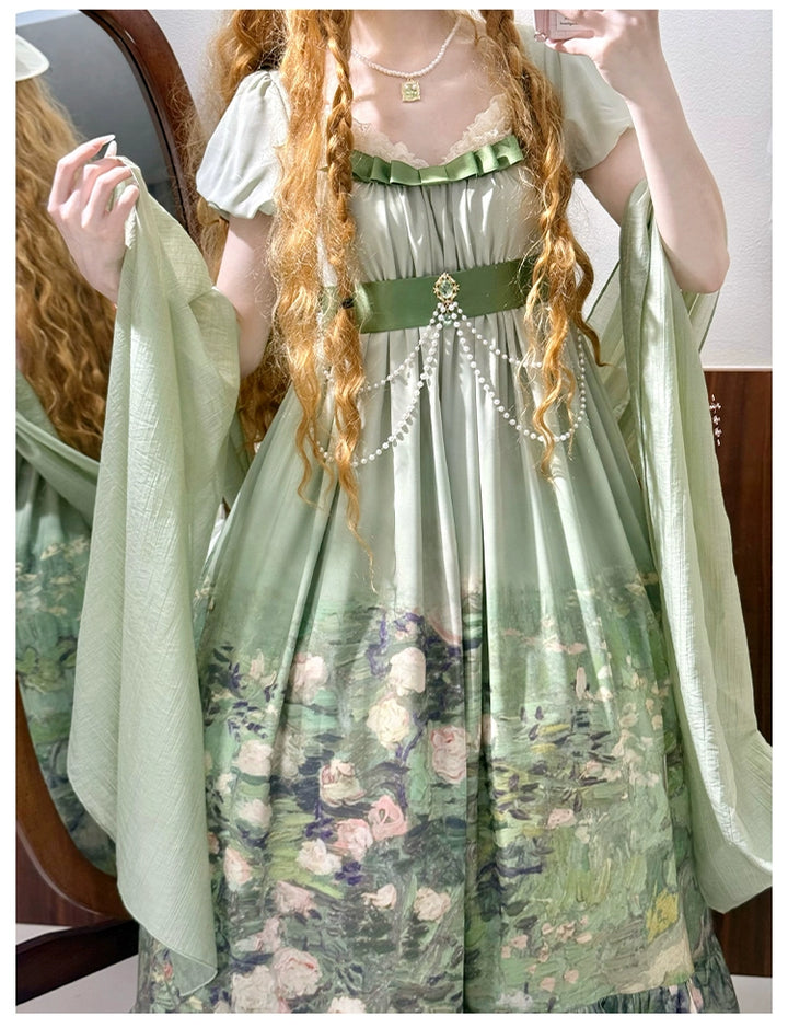 With PUJI~Blooming Rose~Chiffon Classic Lolita Dress Set Painting Styled OP & JSK 42925:758712