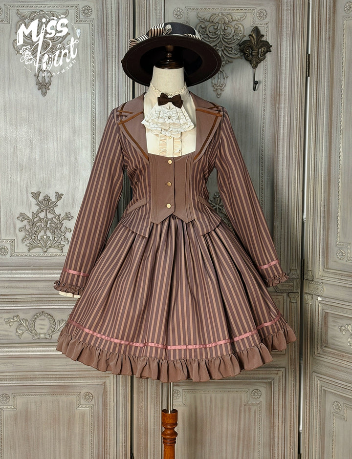 Miss Point~Classical Chocolate~Classic Lolita Jacket Elegant Striped Short Outwear 40812:676508