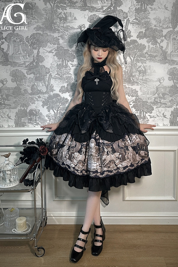 Alice Girl~Doll Mystery~Gothic Lolita Dress Ribbon Tie Halter Dress XS Black (long) 