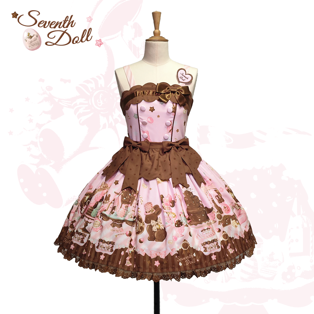 Chocolate Bunny - Printed Kawaii Lolita JSK, Short-sleeved Dress (L M S XL) 44614:814886