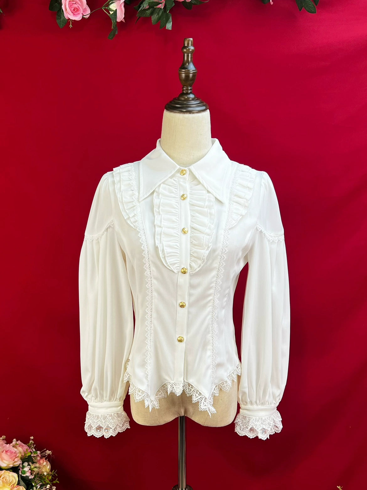 DMFS Lolita - Night Banquet - Pointed Collar Classic Lolita Shirt, Long Sleeve Milky white S