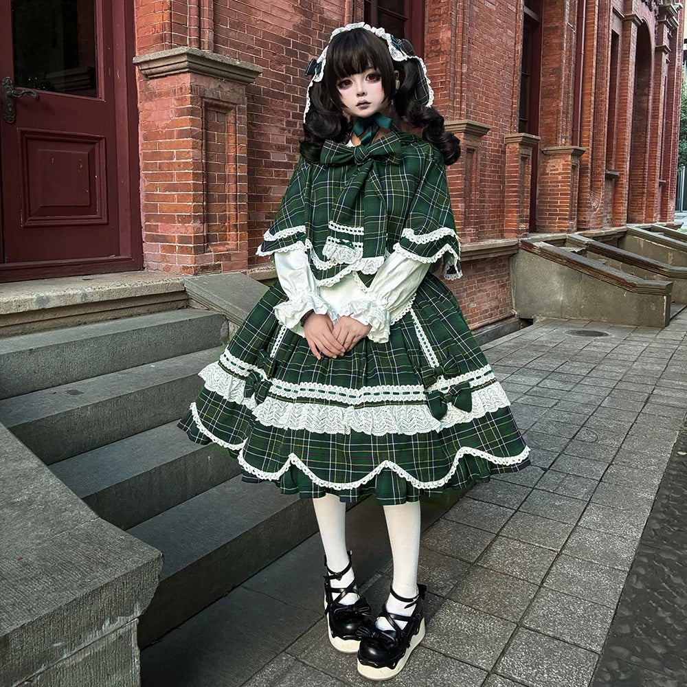 Plaid Petal Bunny - Old School Lolita Bunny Ear Cape, Lace-trimmed Petal Hem 45983:870731