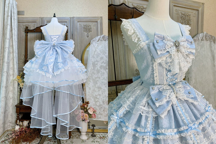 Flower Banquet~Wishing Star~Sweet Wedding Lolita JSK Bridal Lolita Dress Blue S JSK + Trailing