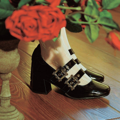 Momo~Midsummer Story~Retro Lolita Heels Shoes Mary Jane Shoes 34 Medium heel patent version black 