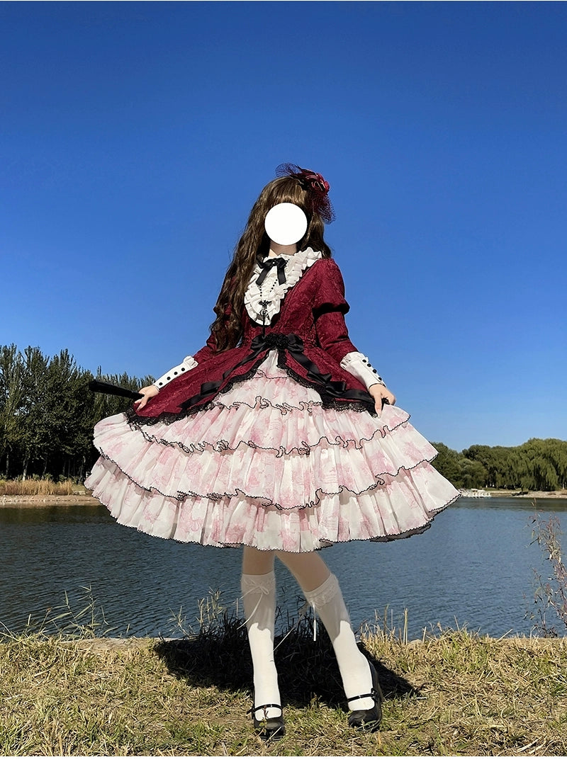 Buling Moon~Vintage Elegant Lolita OP Dress Black White Dress S Red OP + Top Hat 