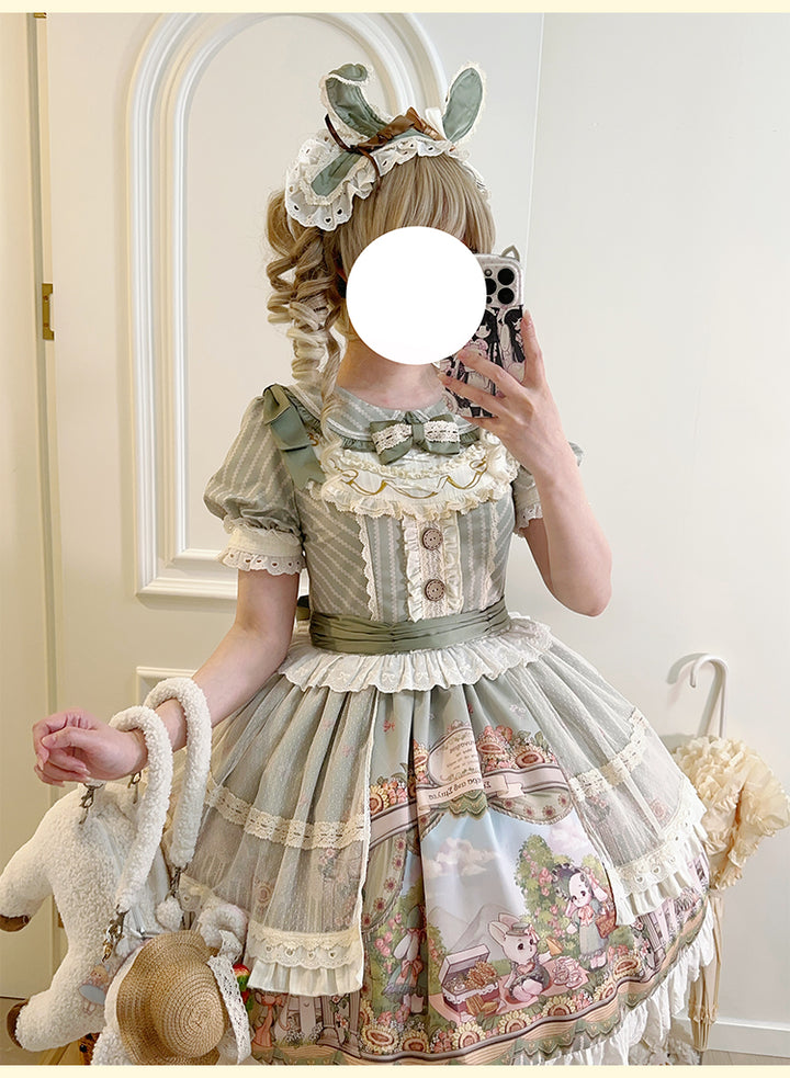 Honey Machine~Sunflower Rabbit~Kawaii Lolita OP Set with Bunny Prints and Hairband