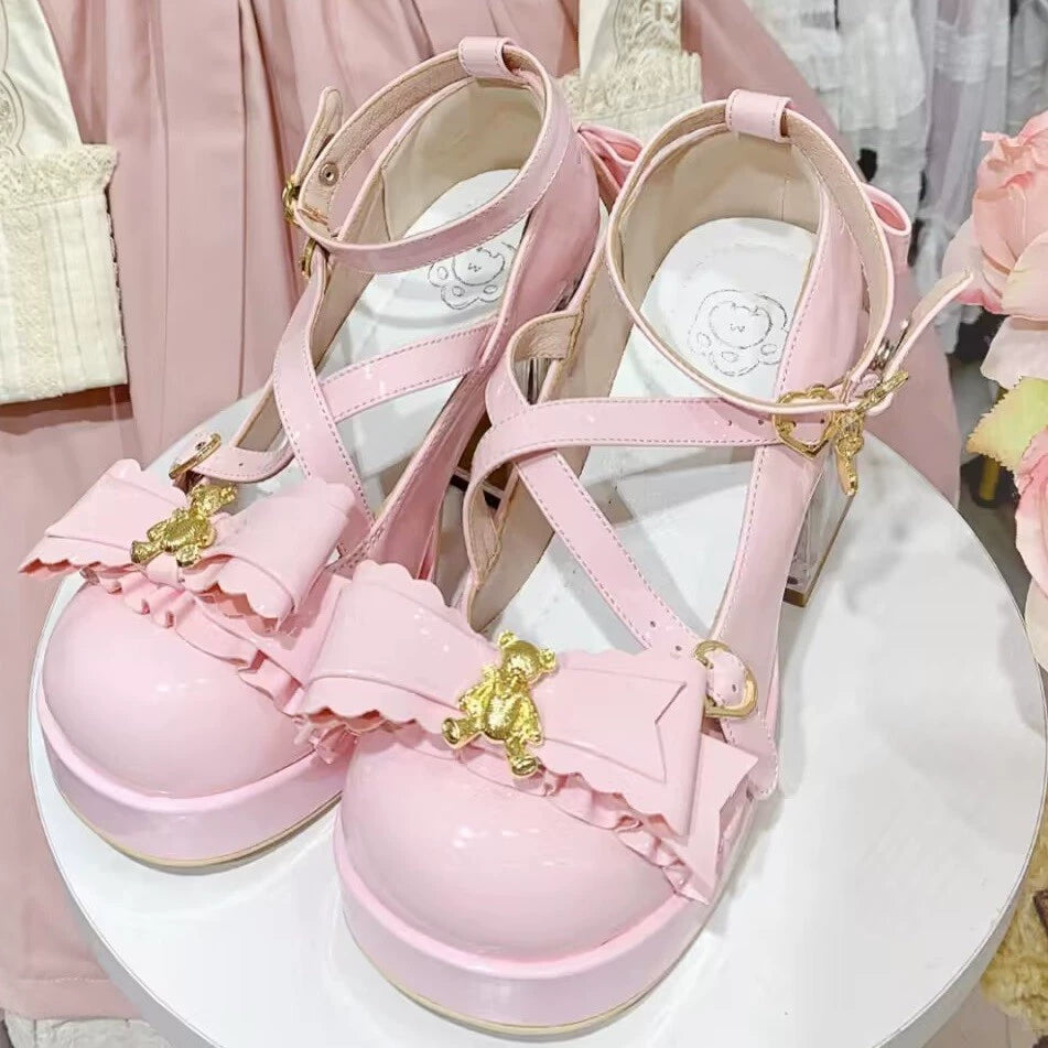 Meng Ka Jiang - Dreamy Bear - Sweet Lolita Shoes, Transparent Heel With Embedded Bear Pink 34