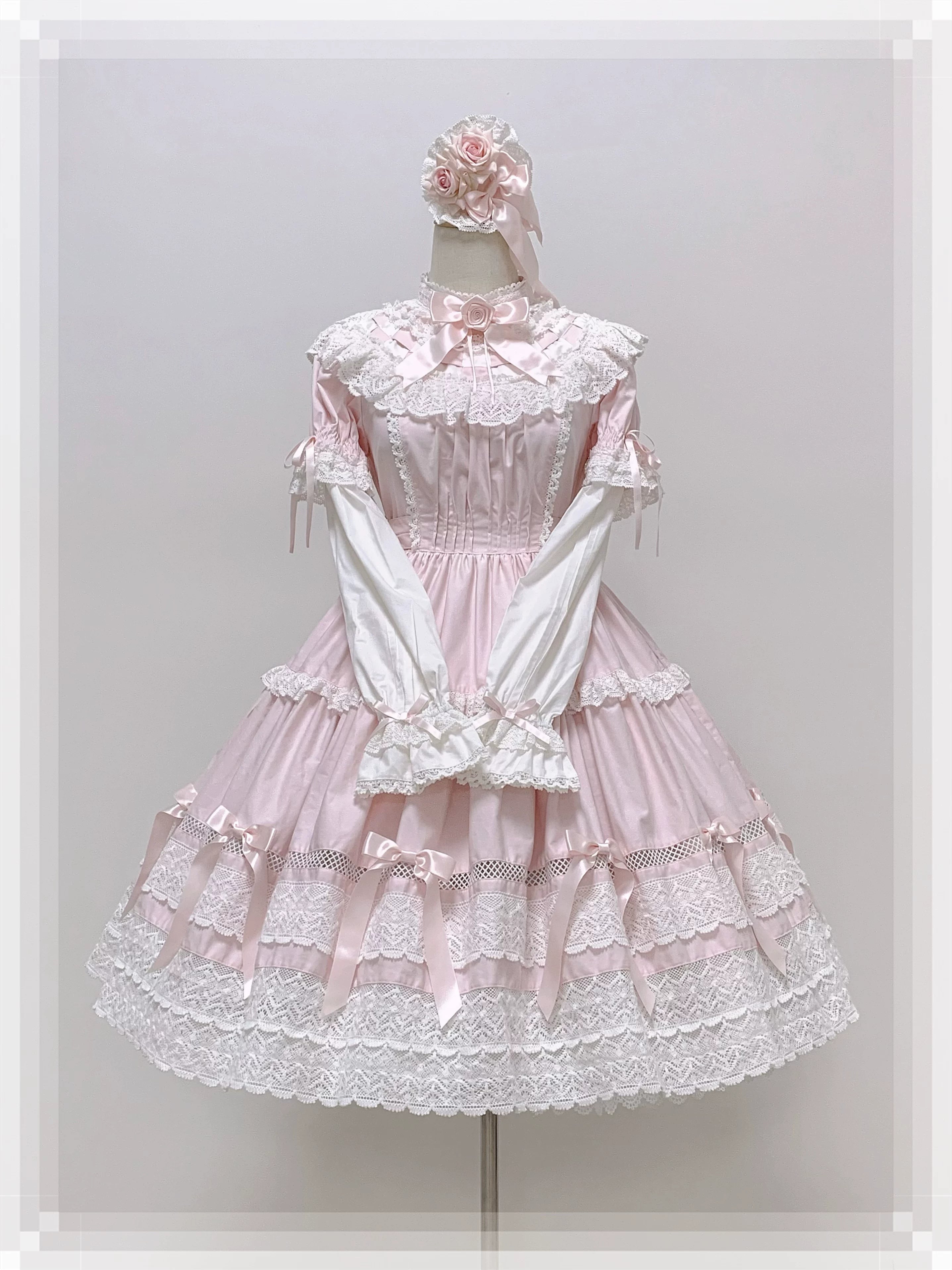 Edelburg Rose - Old School Lolita Cotton OP Dress Set, Detachable Sleeves (L M S XL) 45685:859058