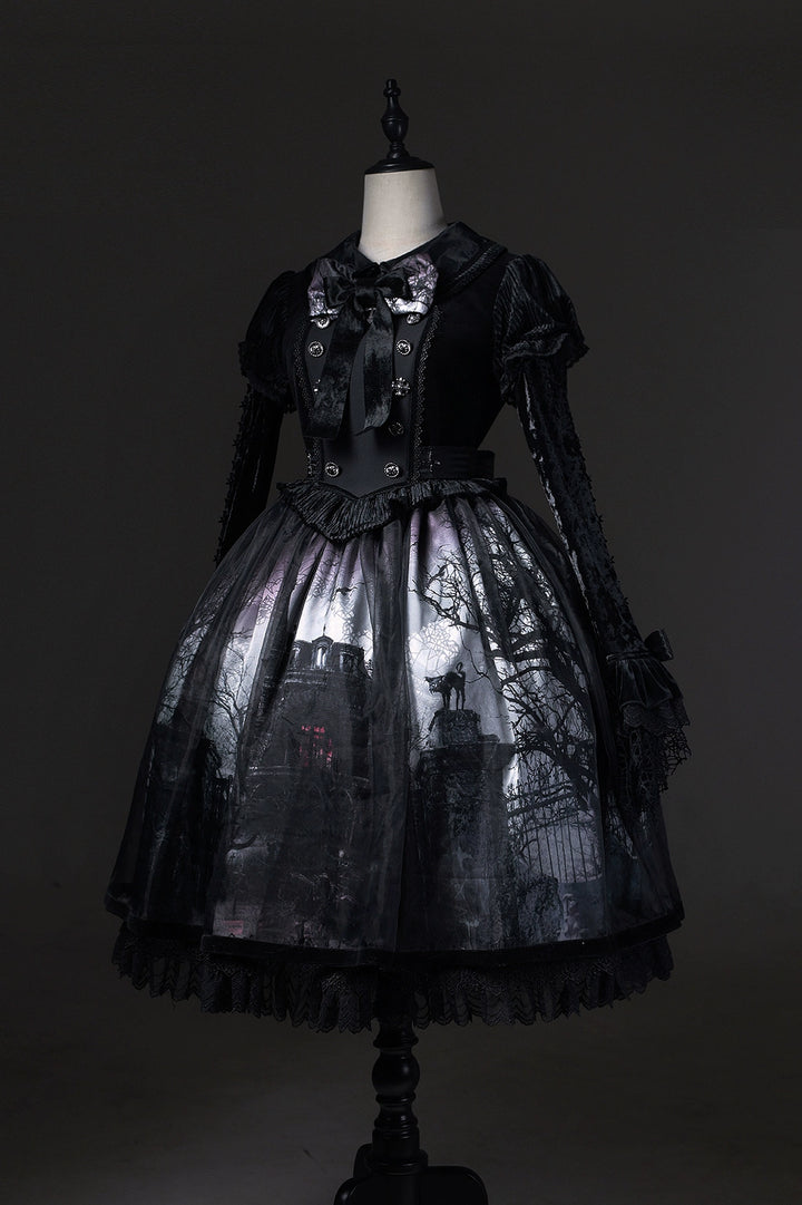 LilithHouse~Horror House~Gothic Lolita OP Set with Cape and Castle Print 42156:729021