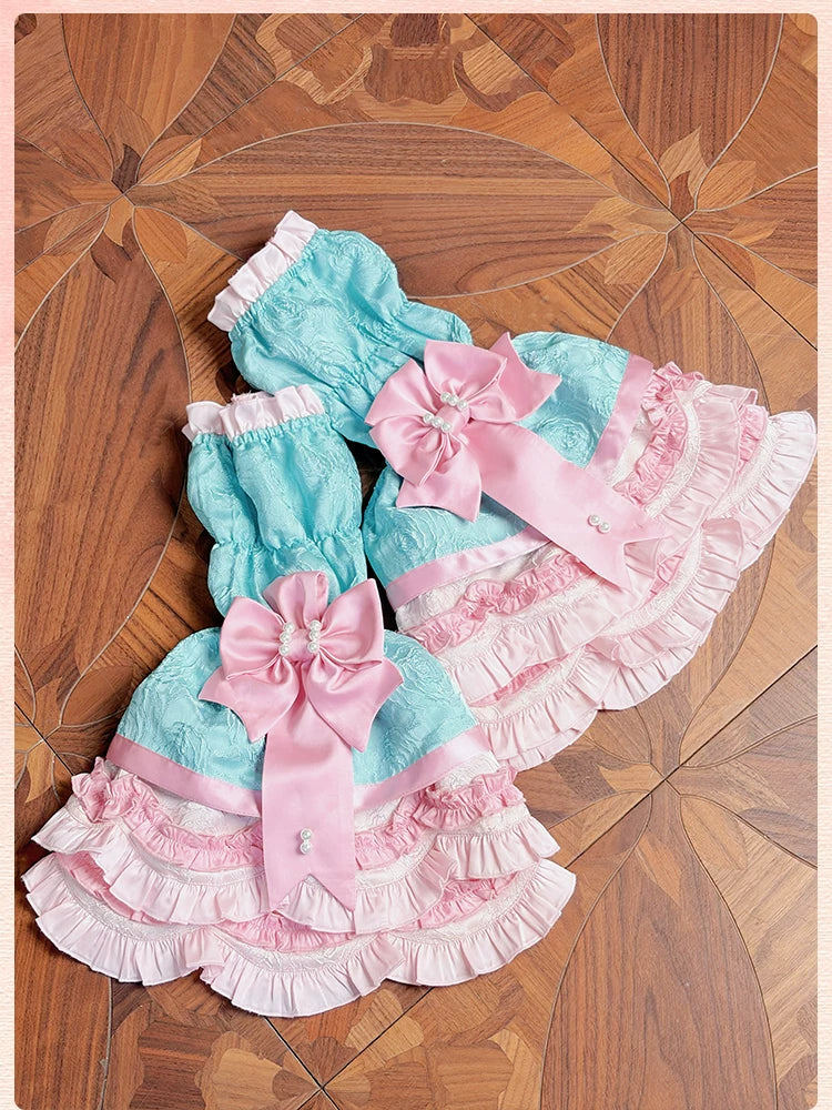 Sweetheart Petal - Sweet Lolita Hime Sleeves, Layered Ruffles XS Pink-green - Hime Sleeves Only