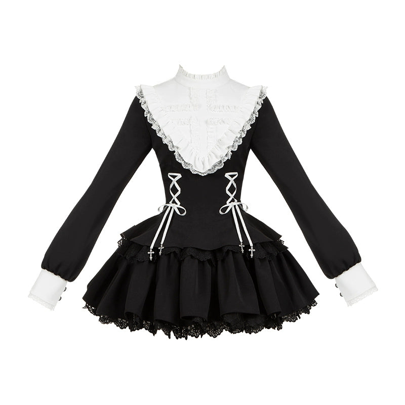 With Puji~Doki~Twin Lolita OP Black/White Goth Dress with Pocketed Shorts (L M S) 42833:754886