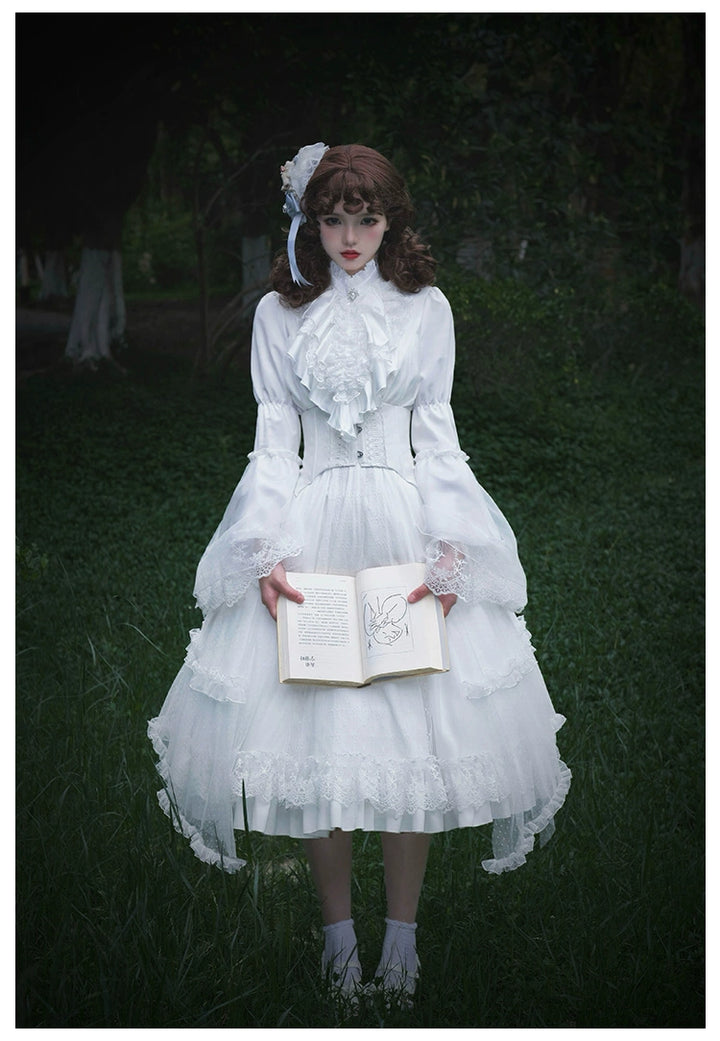 With PUJI~Anhunmeng~Gothic White Lolita OP With Boned Corset Waistband   