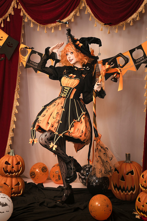 Lemon Honey~Halloween Gothic Lolita Jumper Dress Pumpkin Skirt Dress   