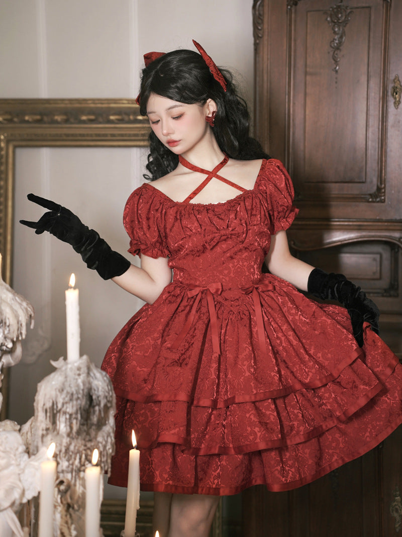 Eieyom~Elegant Lolita Short Sleeve Red Dress   