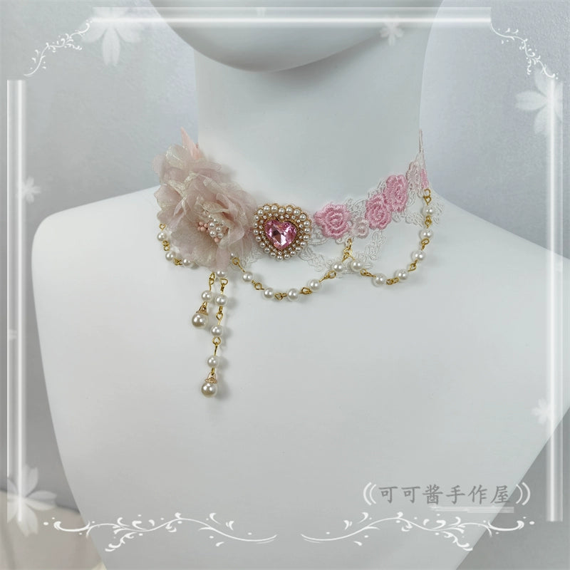 Cocoa Jam~Elegant Lolita Necklace Rose Gemstones and Pearl Necklace white pink  