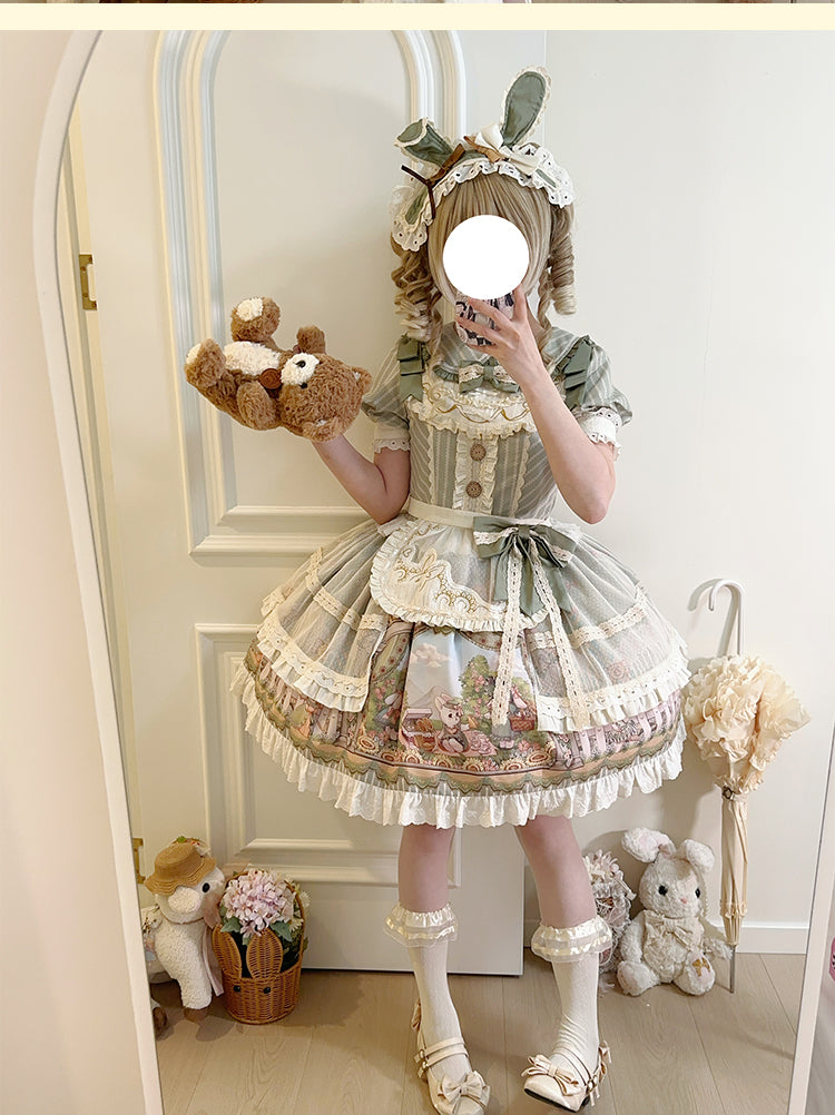 Honey Machine~Sunflower Rabbit~Kawaii Lolita OP Set with Bunny Prints and Hairband