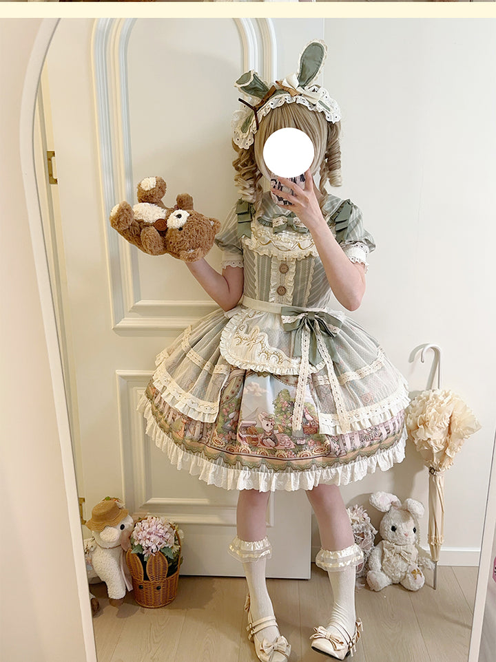 Honey Machine~Sunflower Rabbit~Kawaii Lolita OP Set with Bunny Prints and Hairband