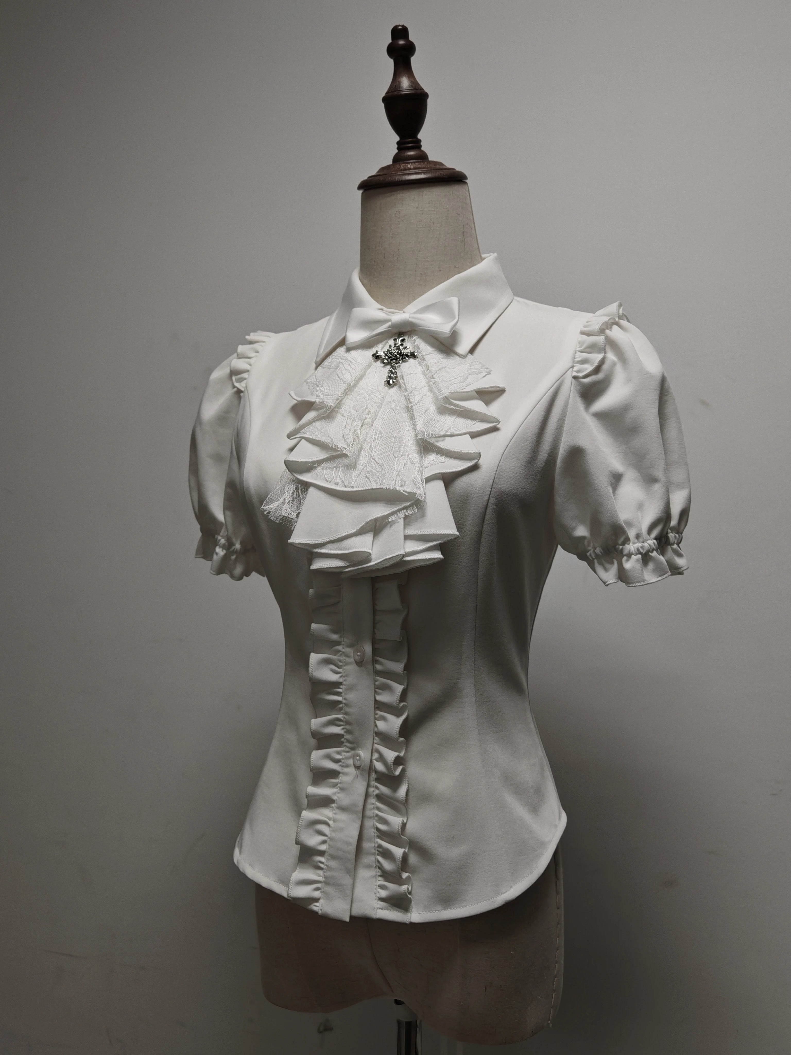 Butterfly Shadow - Halloween Gothic Lolita Fishbone Skirt & Shirt, Butterfly Print White - Short Sleeve Blouse S