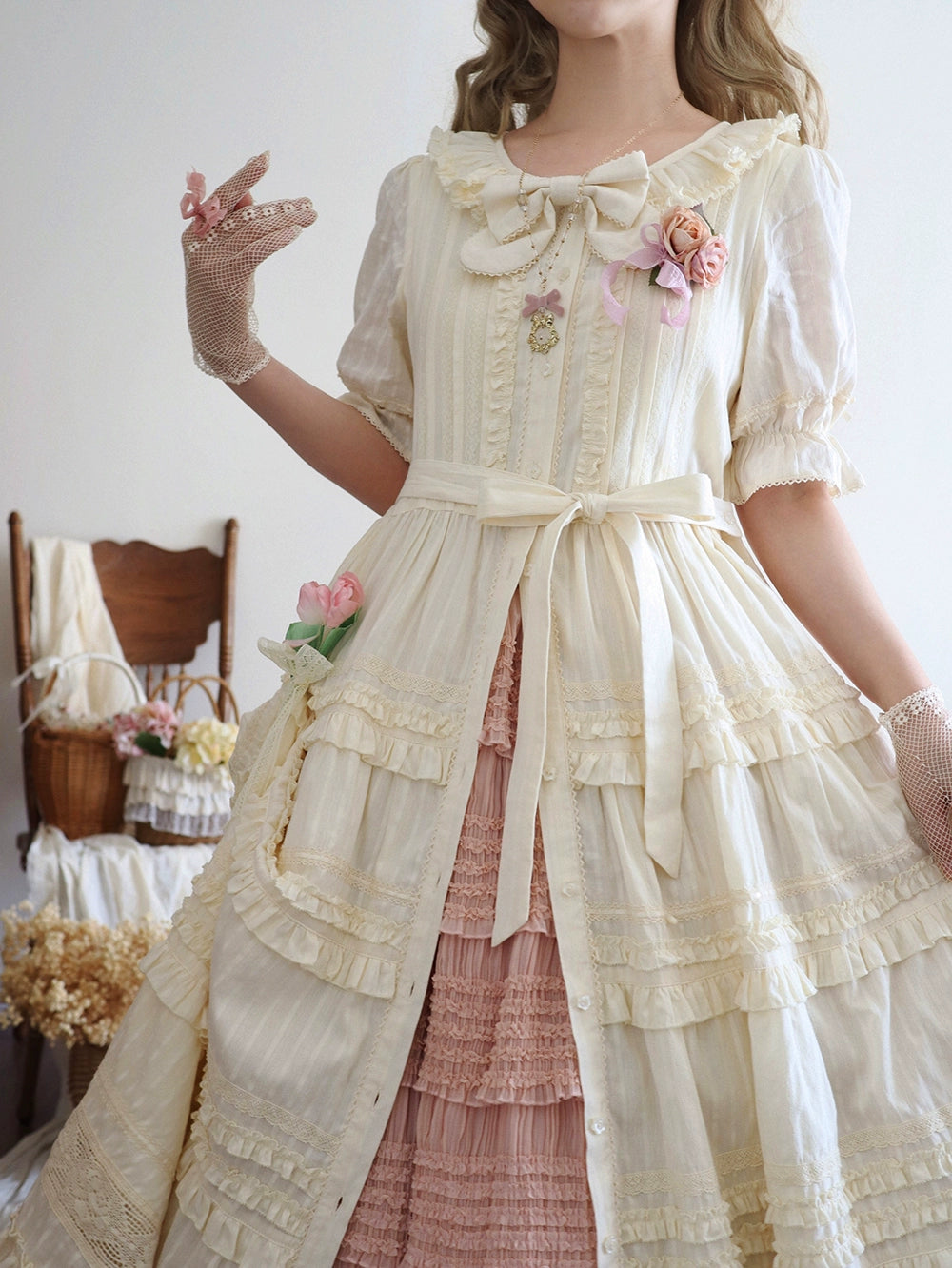 Miss Point~Cat Rose Tea~Elegant Lolita OP Open-front Short Sleeve Tiered Dress 42135:727781