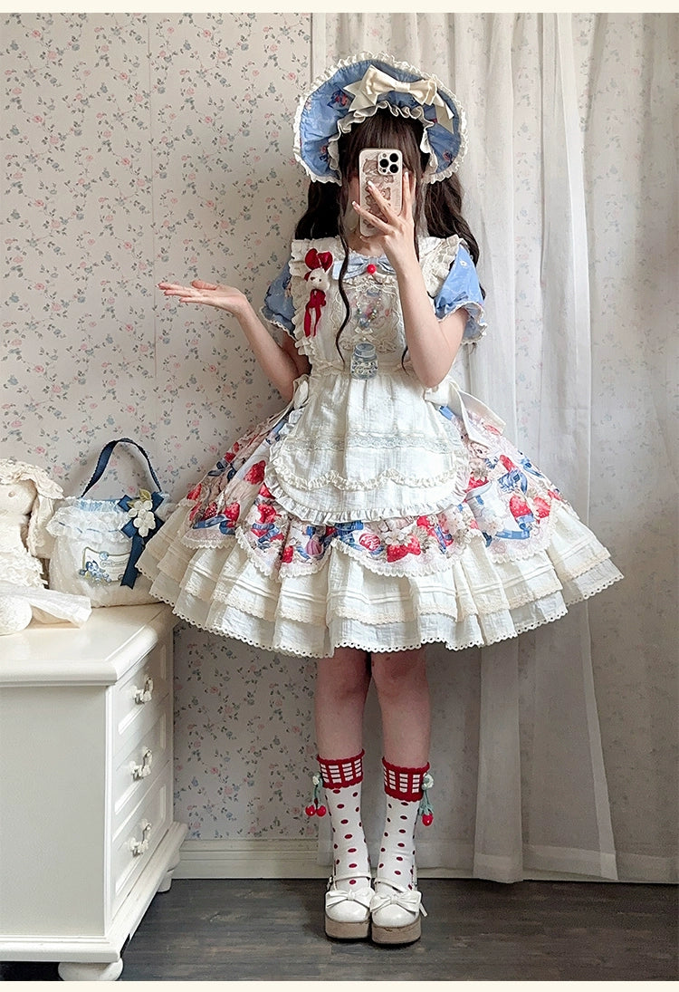 Honey Machine - Sweetheart Rabbit Berry - Country Lolita JSK & OP Dress Suit 44133:796174