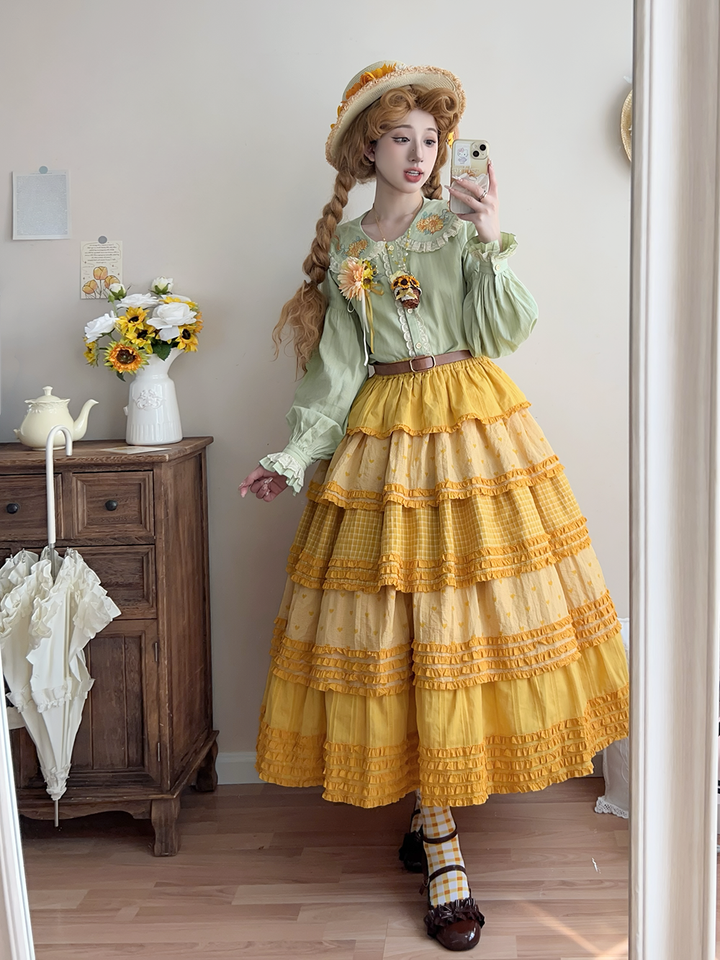 Miss Point~Garden Sunflower~Country Lolita SK Patchwork Tiered-Ruffles Skirt