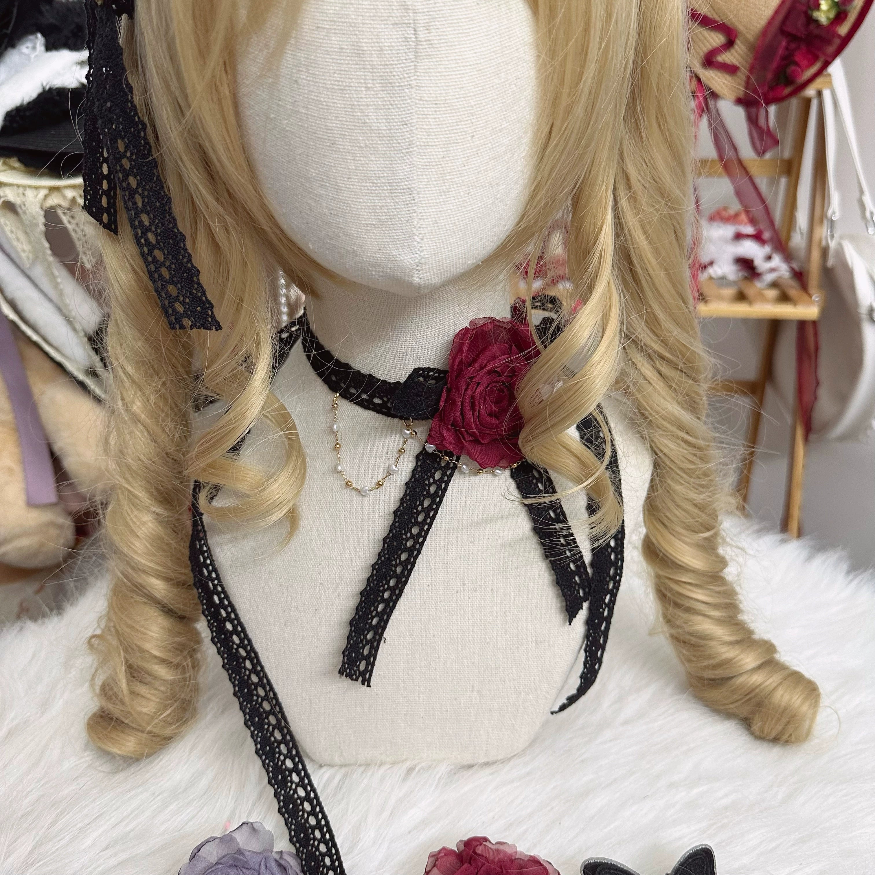 Chestnut Lolita - Elegant Lolita Rose Choker Handmade Headdress Set Multicolors black and red choker
