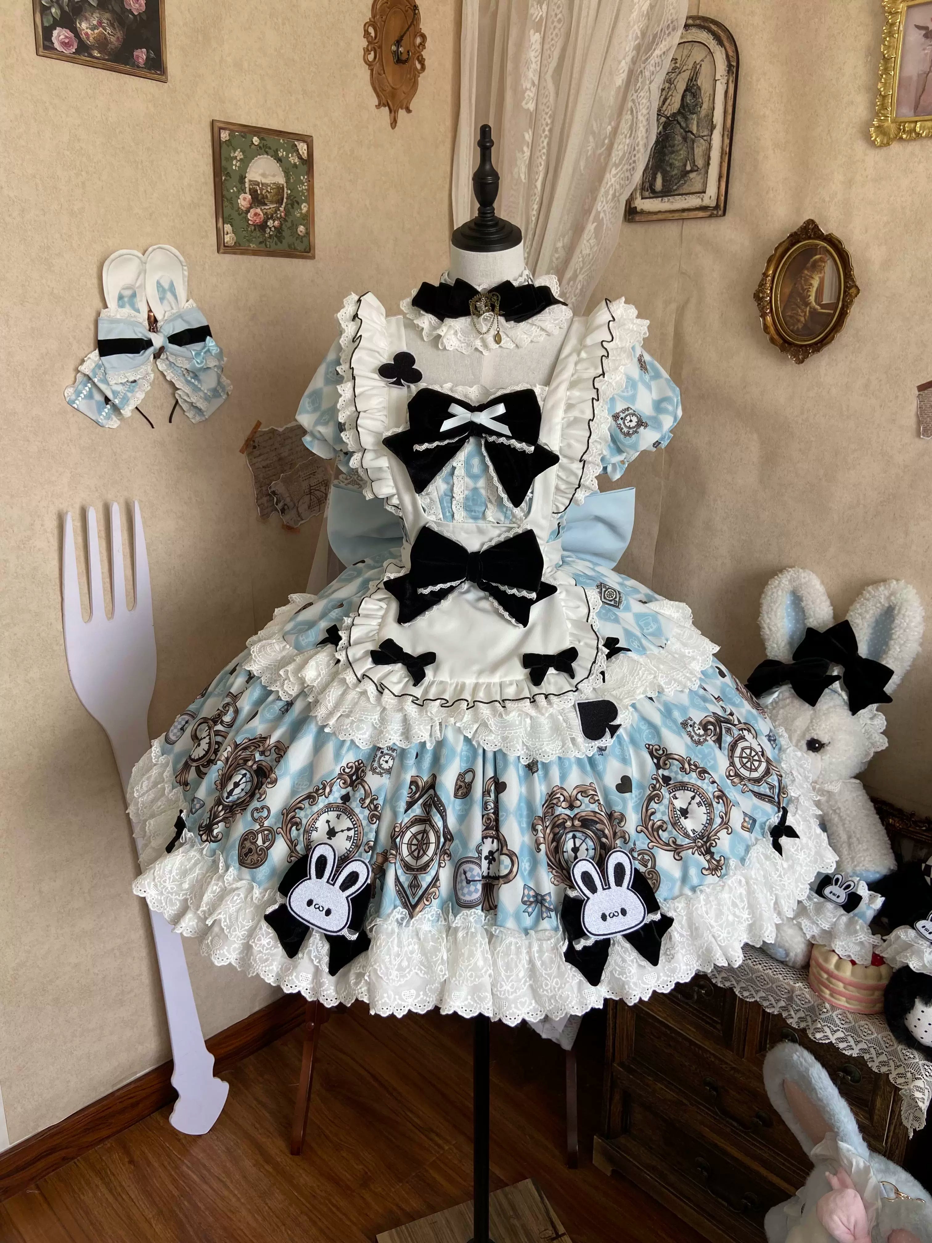 Unnamed Journey - Sweet Lolita Argyle Printed OP Dress with Bunny Details 45510:850389