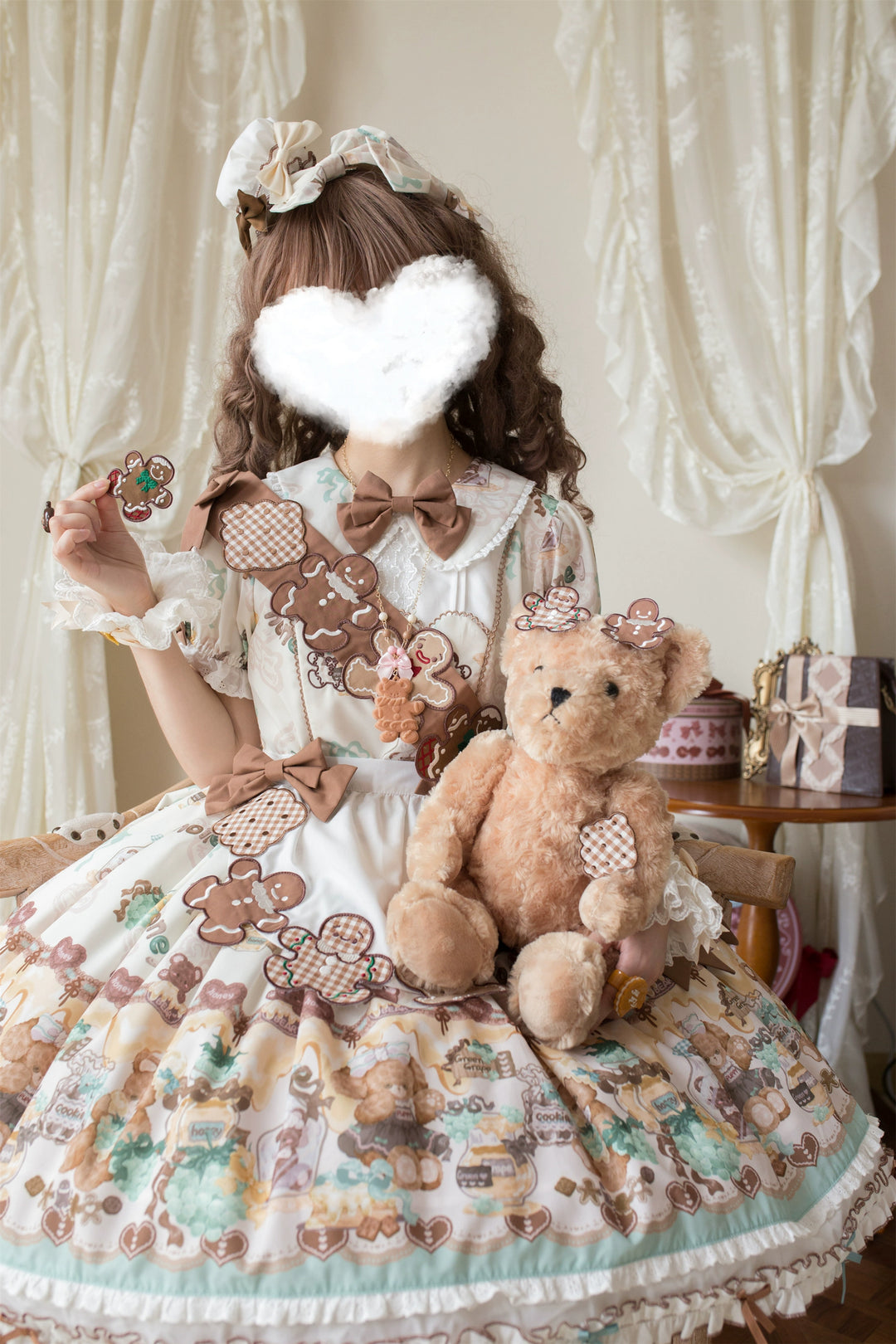 Babyblue~Little Bear Honey Jar~Kawaii Lolita Short Sleeve OP Gingerbread Man Embroidered Dress   