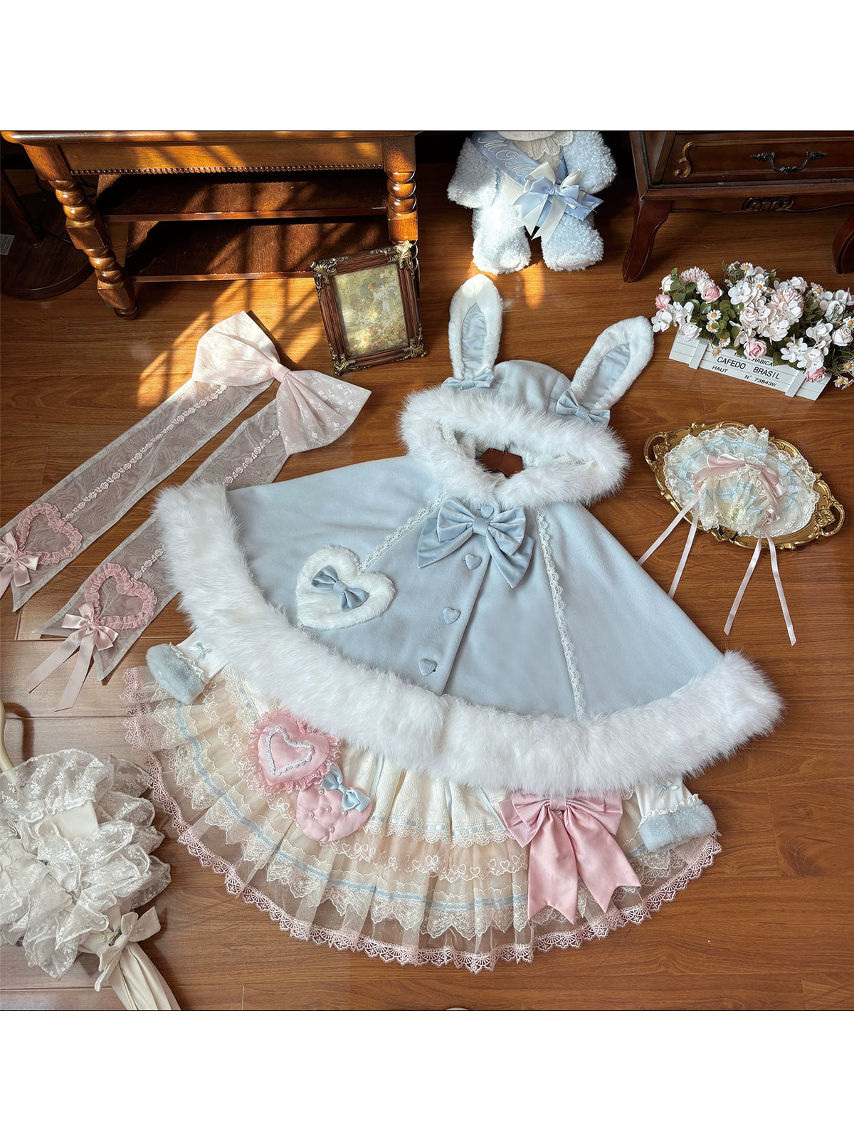 Floppy Bunny Ear -Sweet Lolita Winter Fleece-Lined Cape Coat with Bunny Ears