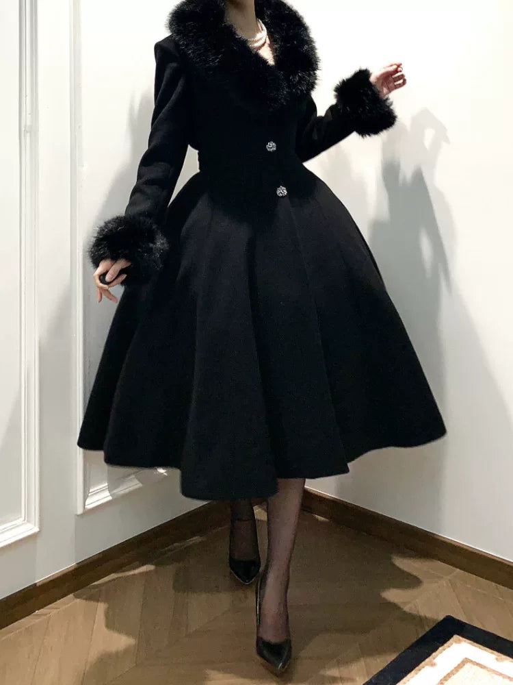 Black Mamba - Winter Elegant Lolita Coat, Detachable Fur Collar