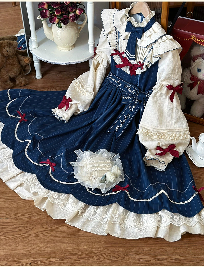 Buling Moon~Sweetheart Puppet~Retro Lolita OP Elegant Daily Lolita Dress S Blue OP + hat 