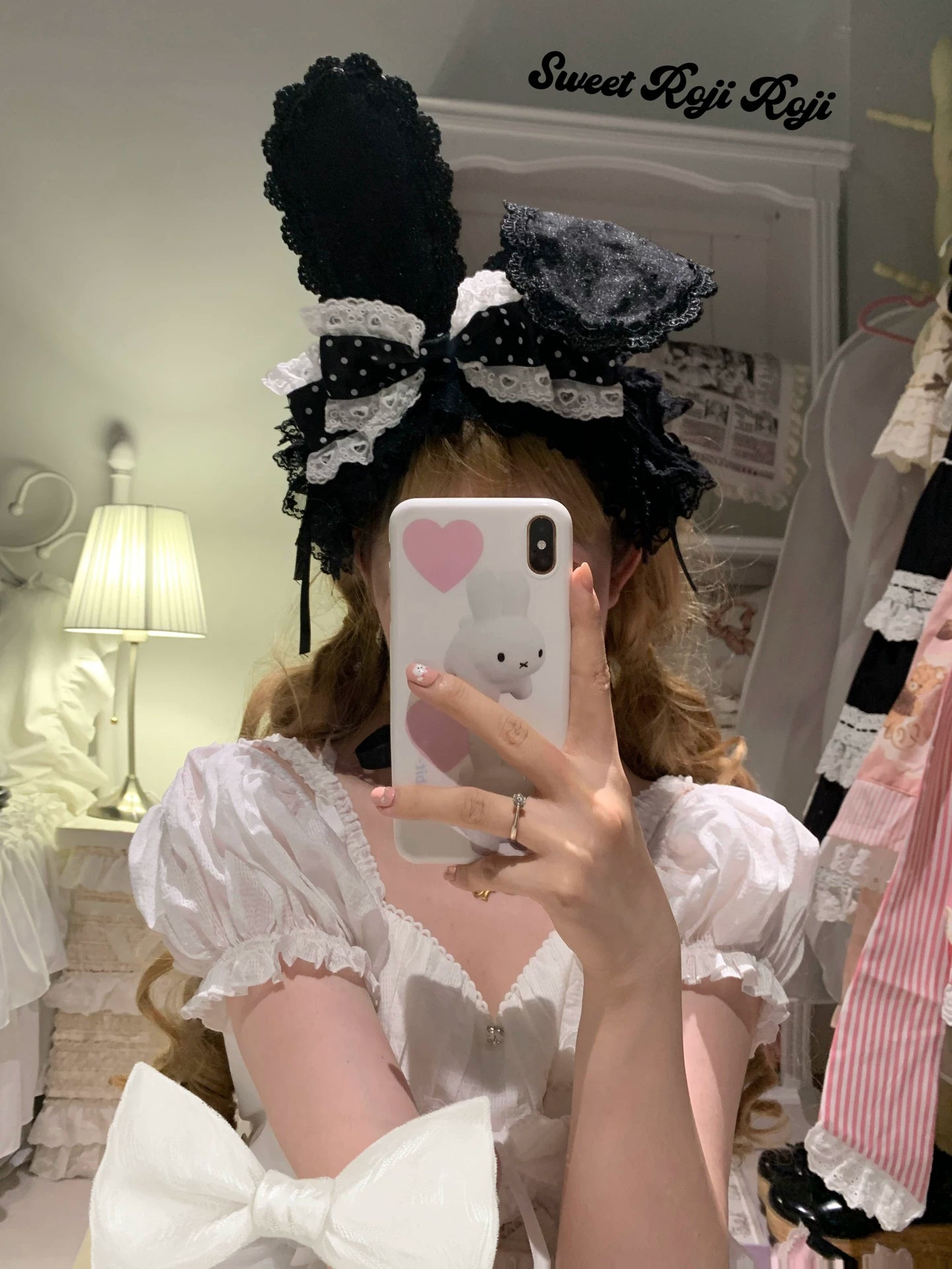 Kawaii Lolita Bunny Ear Hairband, Polka Dot Bow Hairband (black)