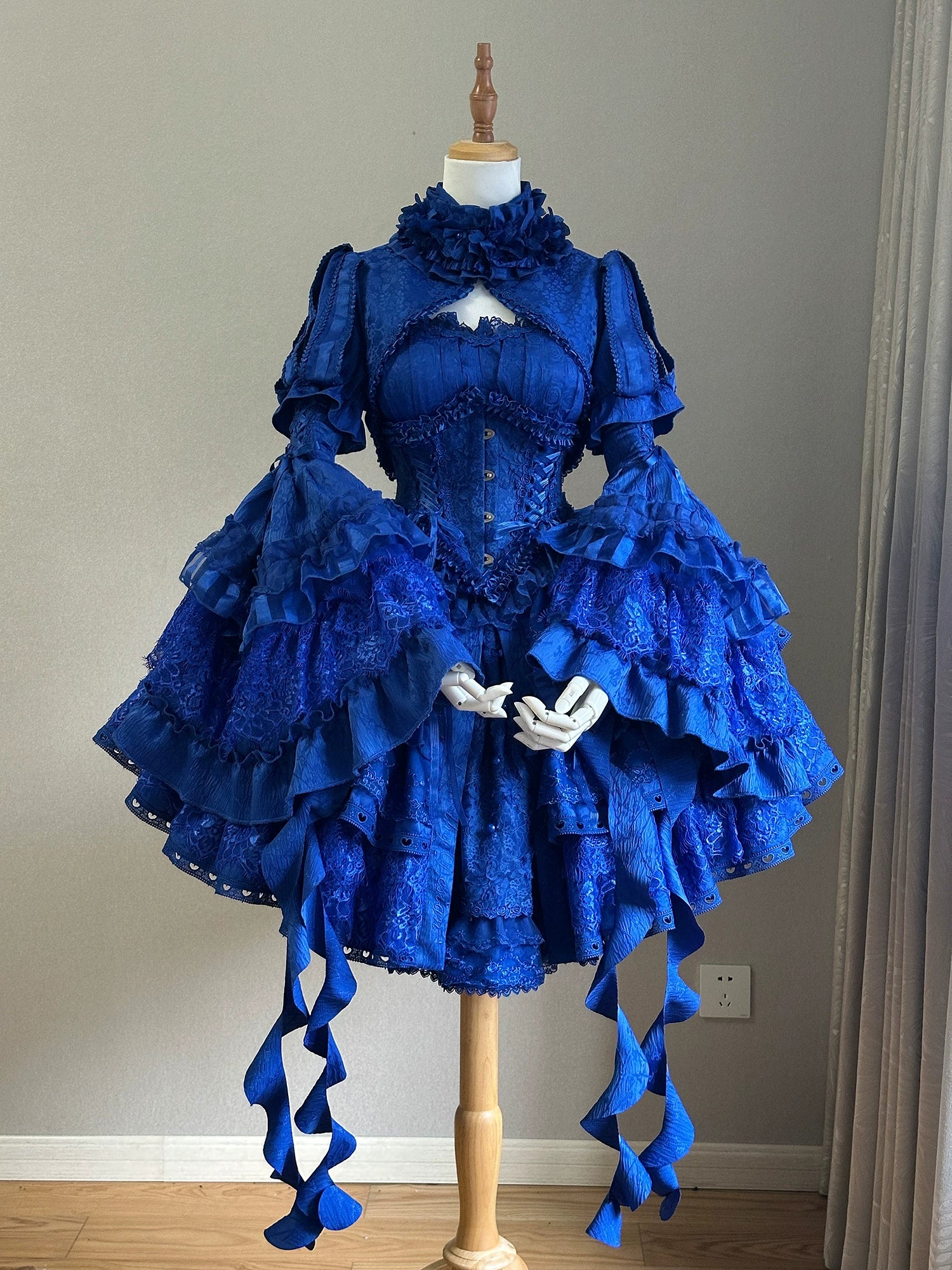 Caliburn - Gothic Lolita JSK Dress, Bolero Set with Detachable Sleeves XS JSK Full Set - Regular Version Blue