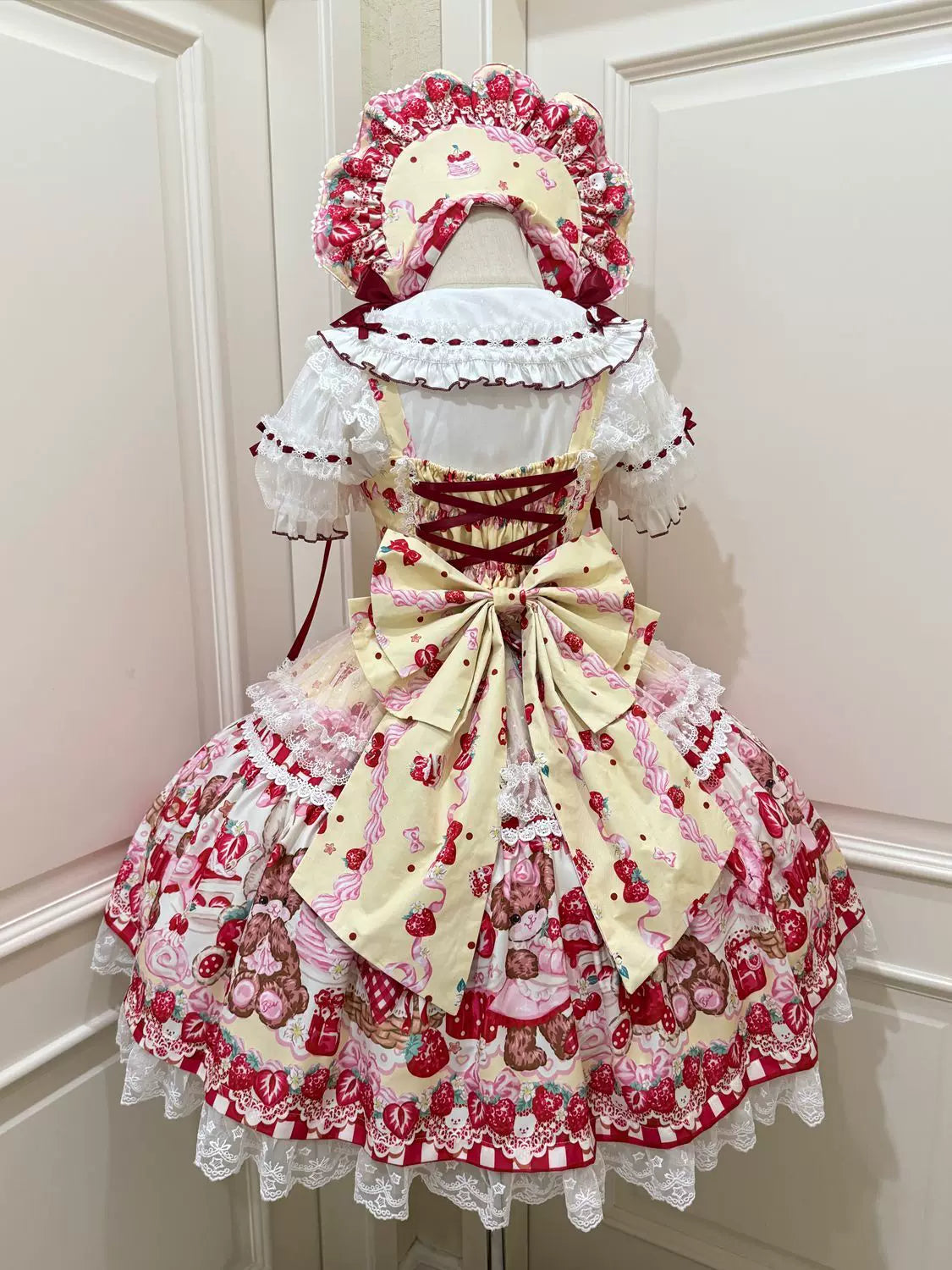 SweetBerry Bunny Bear - Sweet Lolita Tiered Lace JSK Dress, Strawberry and Bear Print Yellow - JSK + Back Trailing Bow S