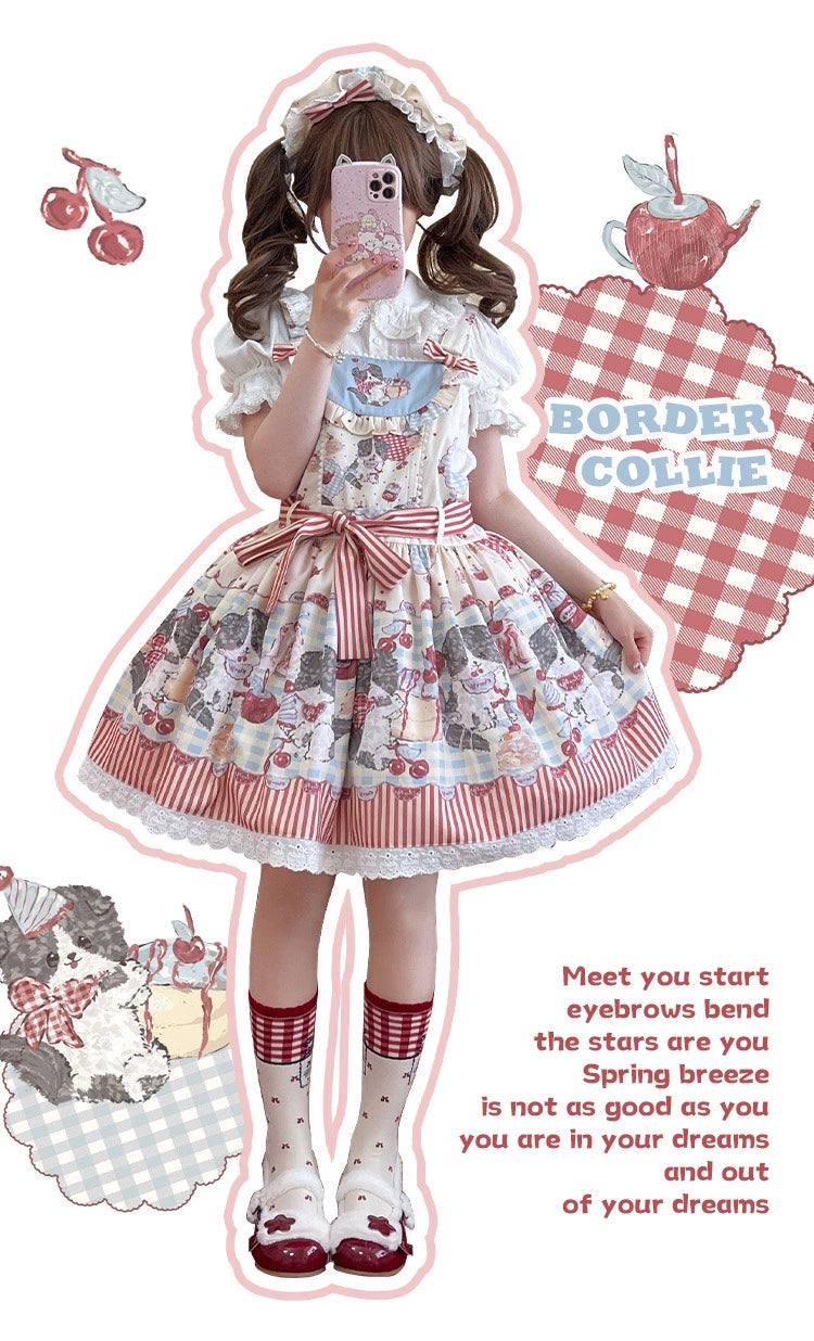 Akiyama Future Studio~Border Collie Cherry~Kawaii Lolita Salopette Cherry Print Dress   