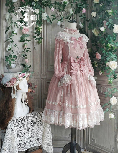 Miss Point~Dawn Girl~Reto Elegant lolita OP Dress Lace Long Sleeve S Dusty pink 