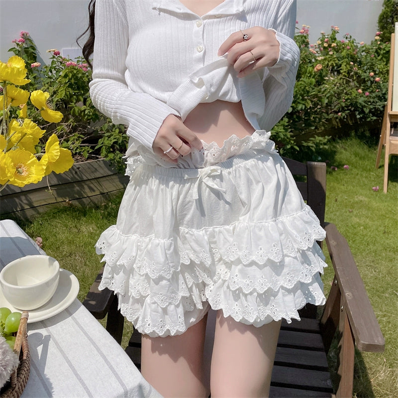 Sugar Girl~Cotton Lolita Bloomers Tiered Hem Cake Pantskirt white free size 