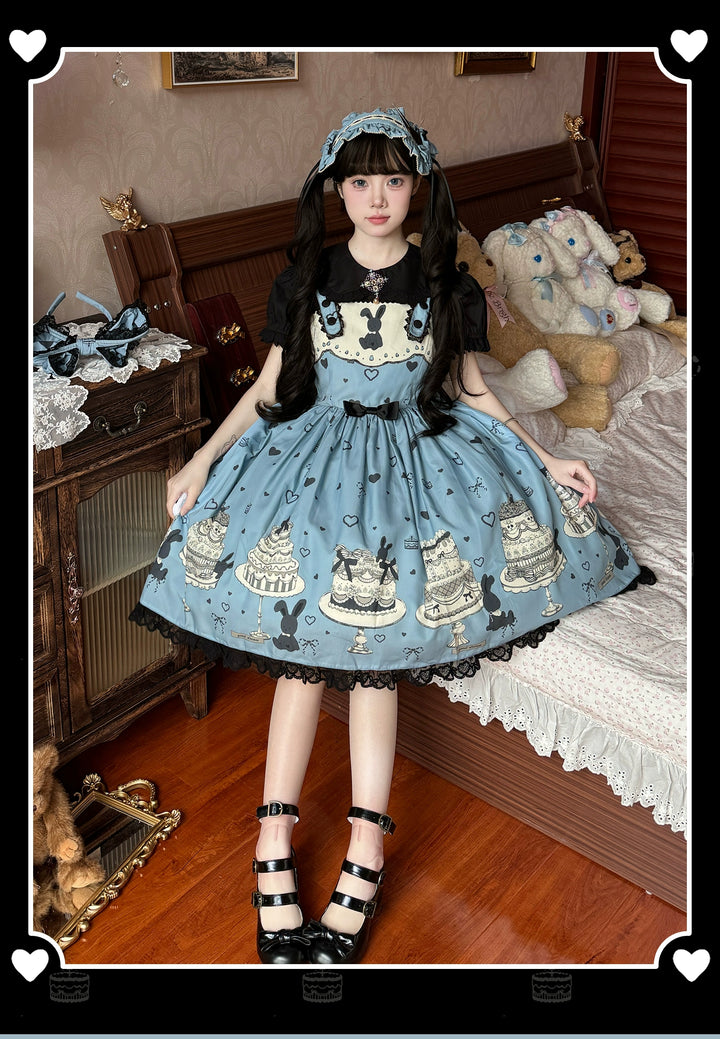 Sweet Dream Sheep - Cake Bunny - Blue Sweet Lolita Dress, Bunny&Cake Print
