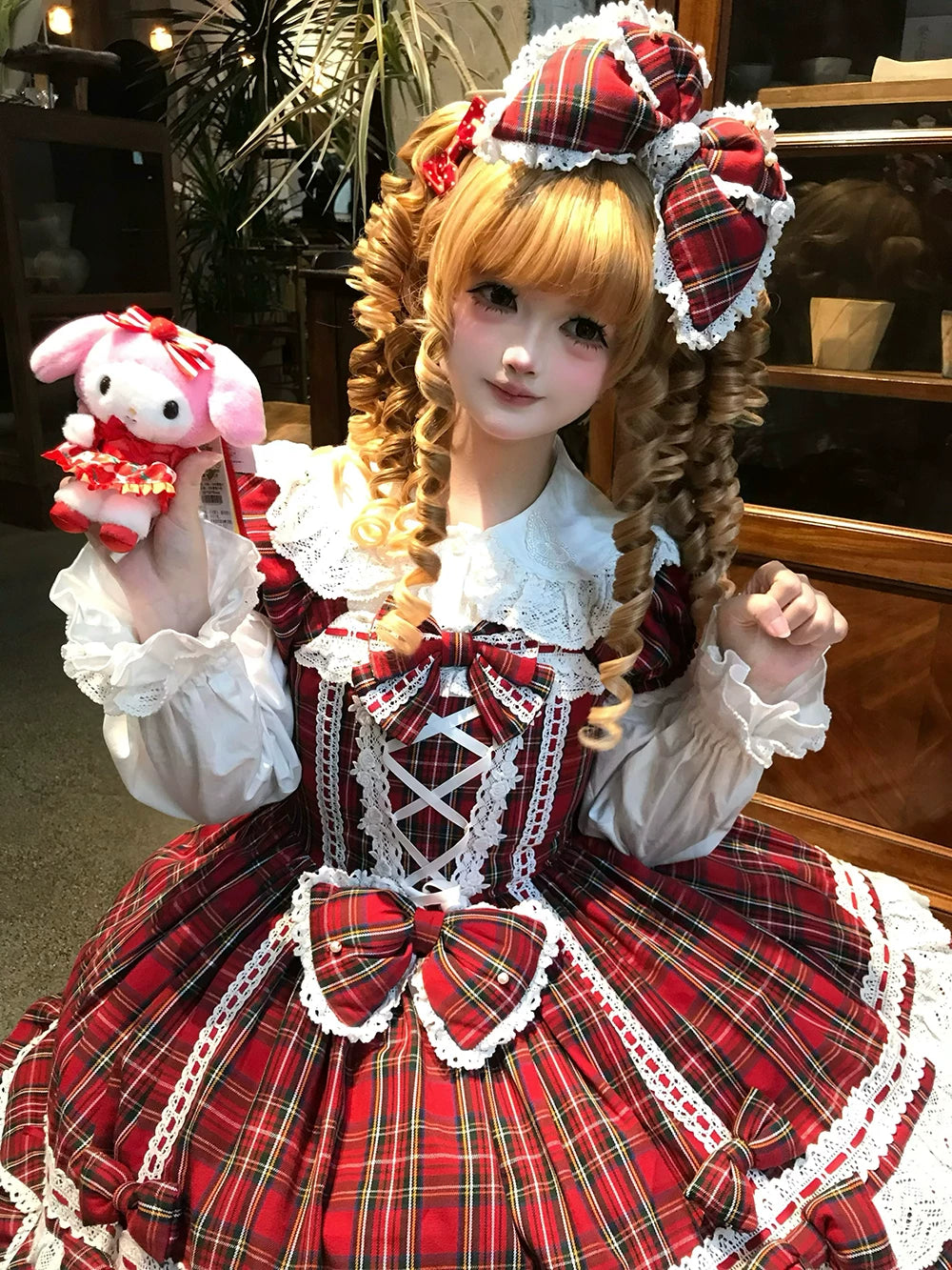 Plaid Petal Bunny - Old School Lolita Plaid OP Dress, Petal-shaped Hem 44673:818303