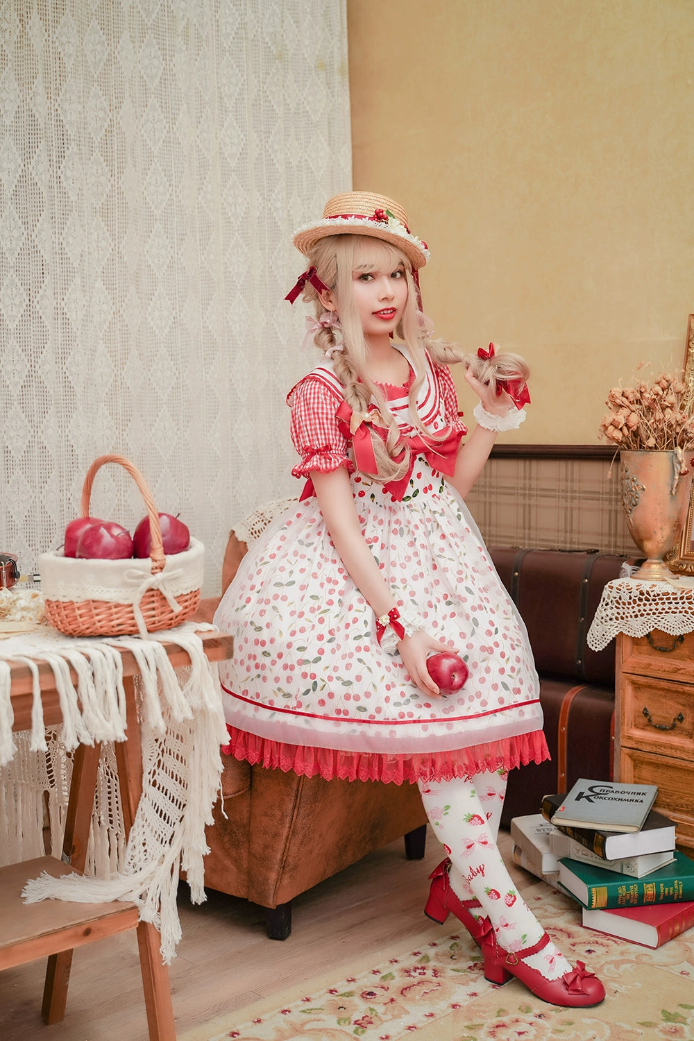 Chess Story~Ice Cherry~Sweet Lolita JSK Plaid Shirt Cherry Print Dress Set S Ice Cherry JSK Shirt Set 