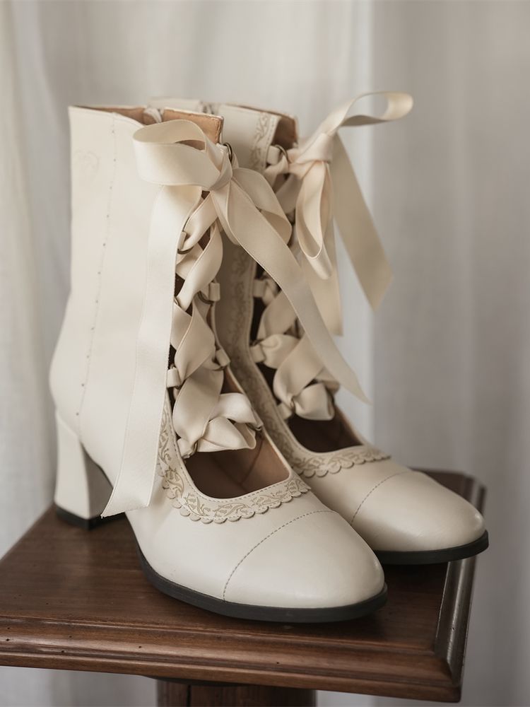Angel Floral Wall - Classic Lolita Straps Ankle Boots, Side Zipper 45766:861586