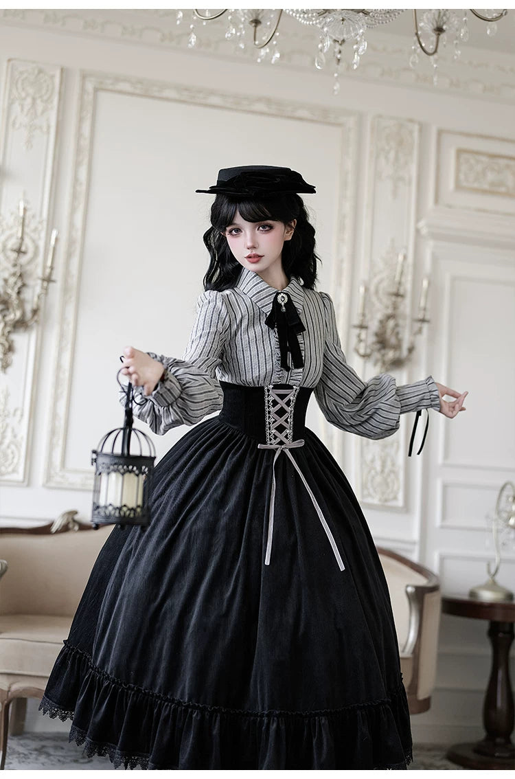 Dusk Moment - Classic Lolita Striped OP & Mermaid Dress Set, Fishbone Waist 44498:810687