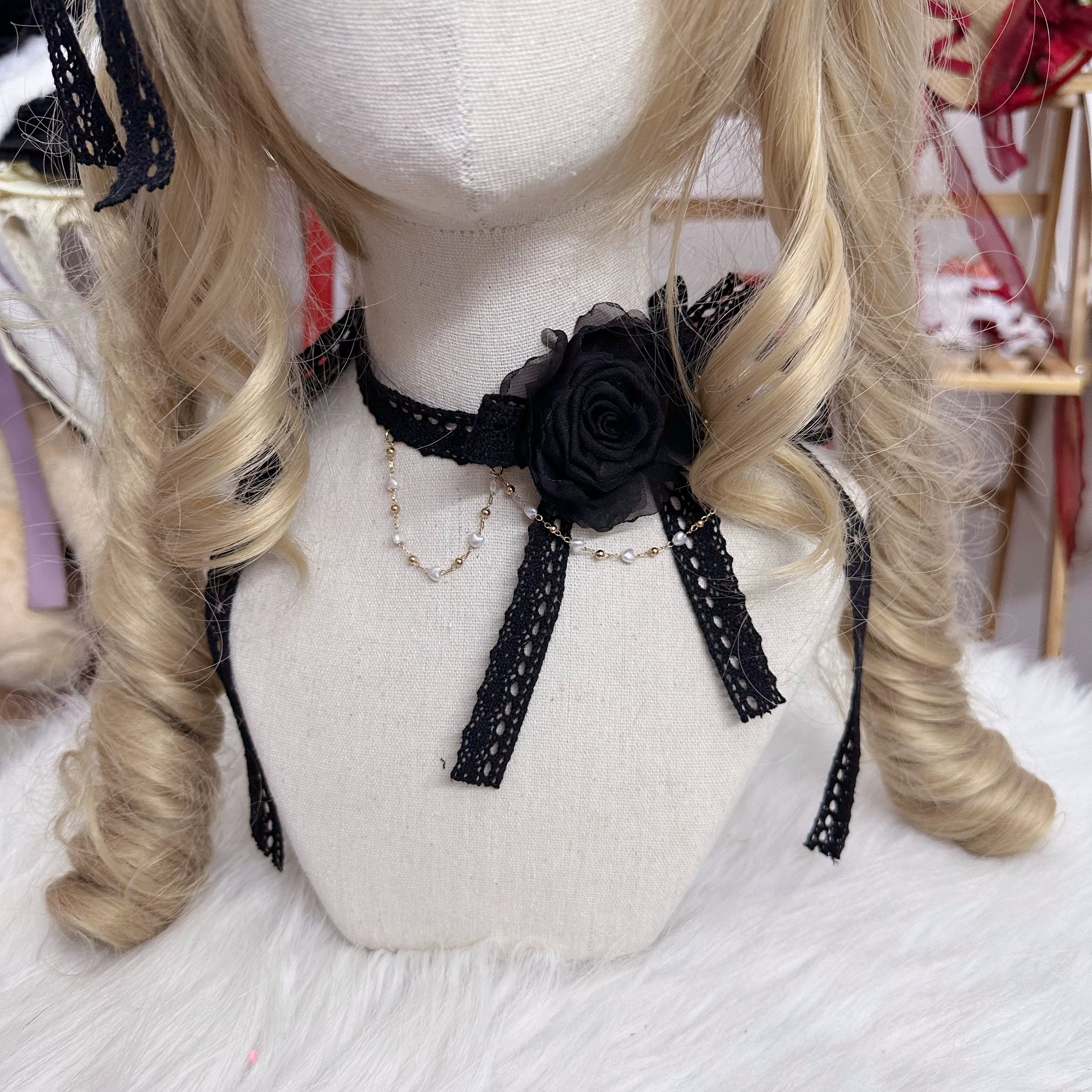 Chestnut Lolita - Elegant Lolita Rose Choker Handmade Headdress Set Multicolors solid black choker