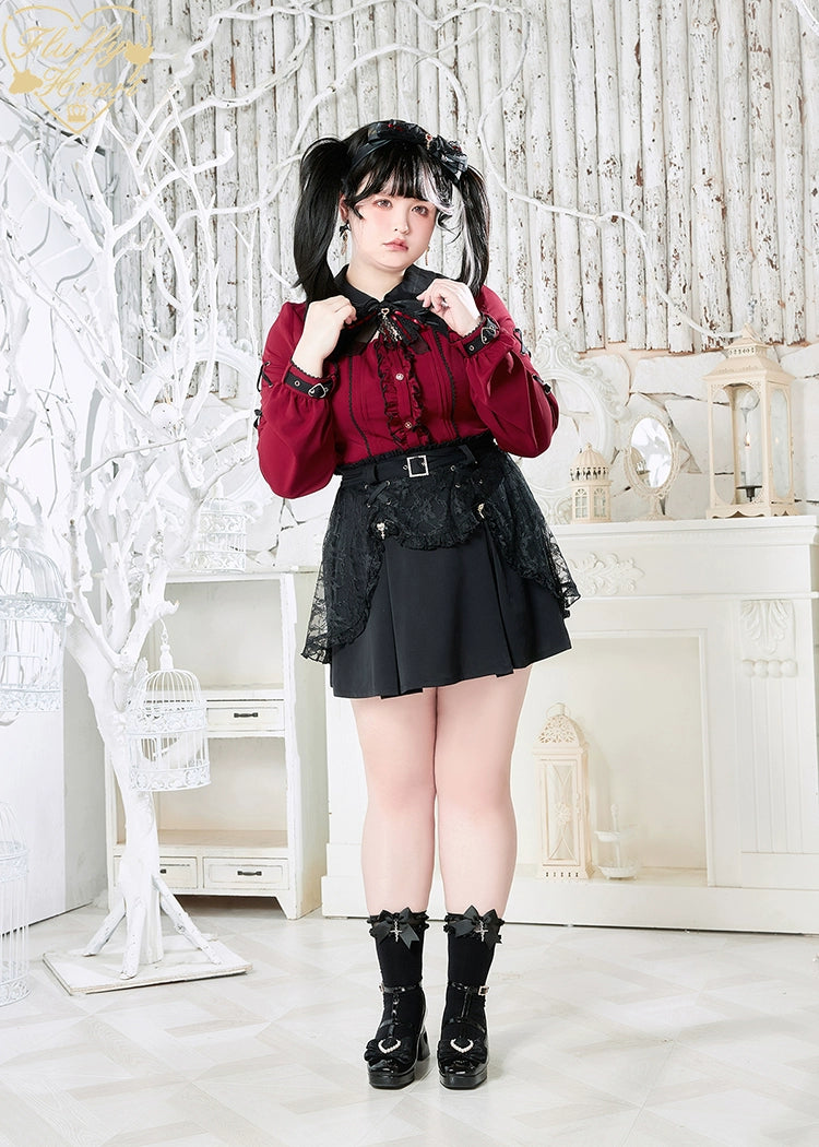(BFM)Fluffy Heart~Vampire~Jirai Kei Rhinestone Belt Black Lace Double Layers Skirt