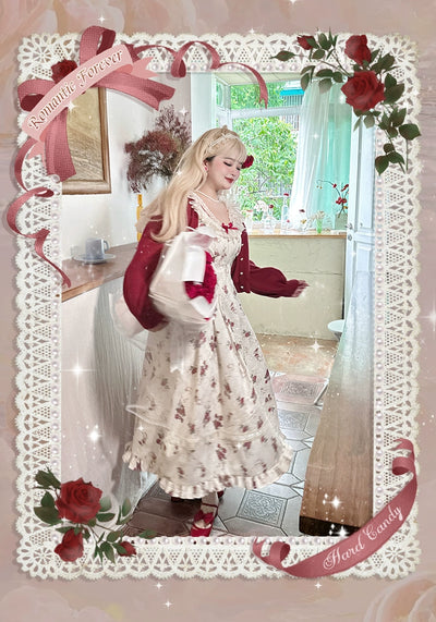 Yingtang~Plus Size Lolita Cardigan Set Elegant French Rose Print Dress 31448:375748