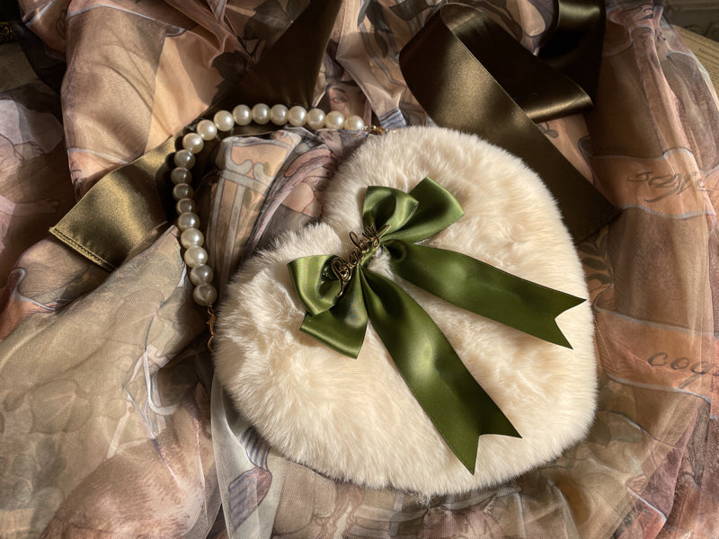 MAID~Kawaii Lolita Heart Bag Plush Pearl Chain Handbag Forest Green  
