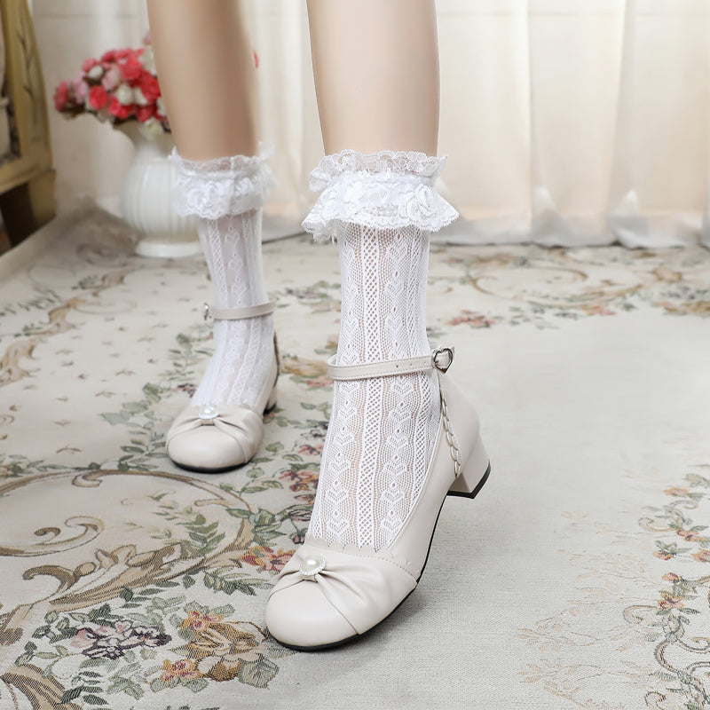 Sosic - Shell Dew - Sweet Lolita Bow Round Toe Shoes 33 beige