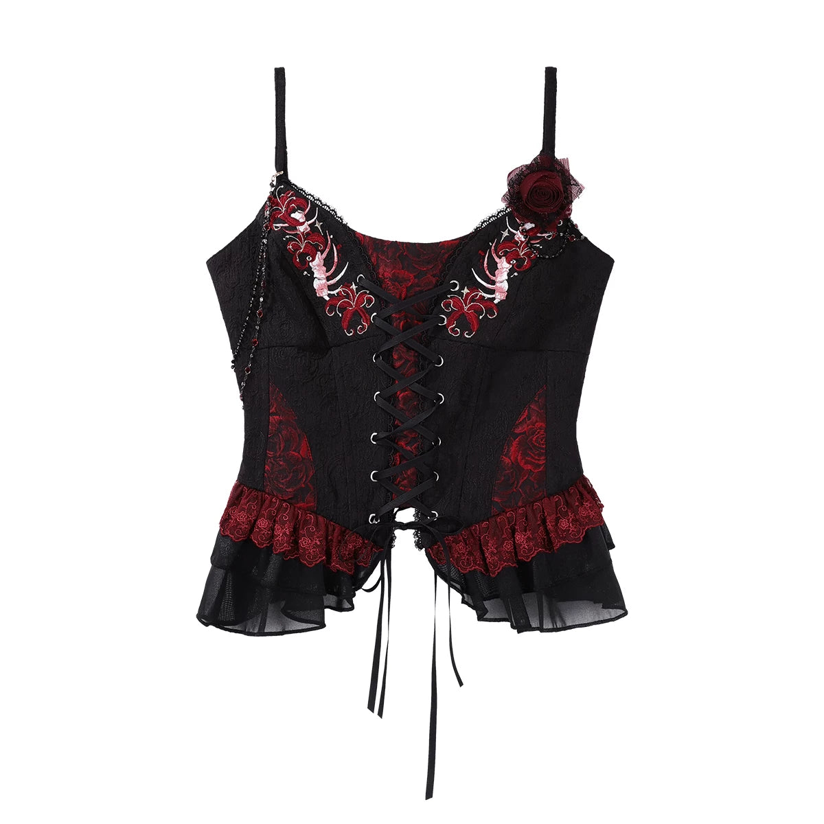 Bone Rot Bloom - Gothic Lolita Embroidered Camisole & Drawstring Lift-up Hem Skirt (2XL L M S XL) 45593:854840
