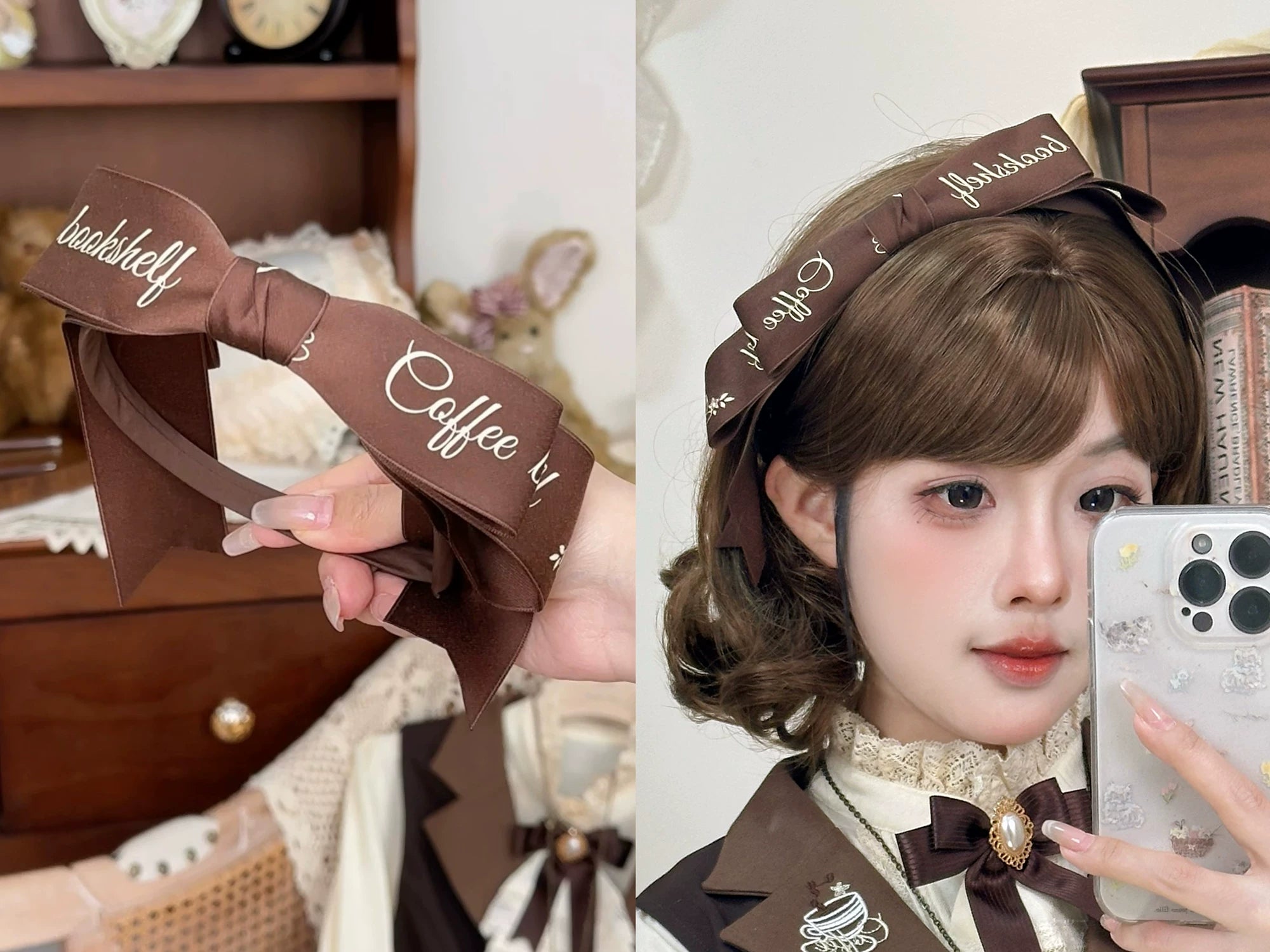 Coffee Bookshelf - Classic Lolita JSK and SK Set, Coffee Cup and Book Print 45611:856194
